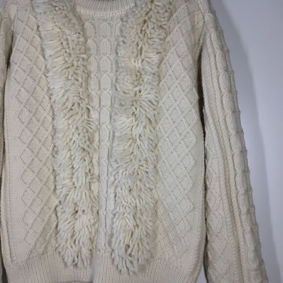 Tory Burch Cream Ivory Cable Knit Wool Fringe Pullover Sweater Women’s Size M - Picture 8 of 16